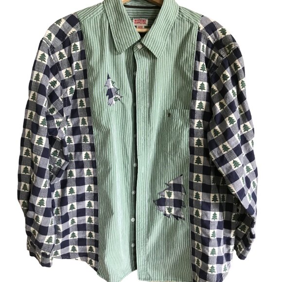 Mixed Print Button-Down Top, Size M-L: Upcycled Spliced Holiday Winter Shirt - Picture 1 of 13